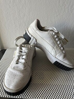 Puma White Leather Platform Sneakers with Black Sole Accents